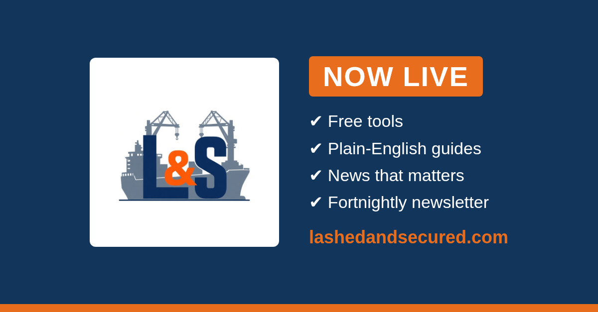 Now live: the Lashed & Secured logo beside a checklist of free tools, plain-English guides, news that matters and a fortnightly newsletter, with lashedandsecured.com